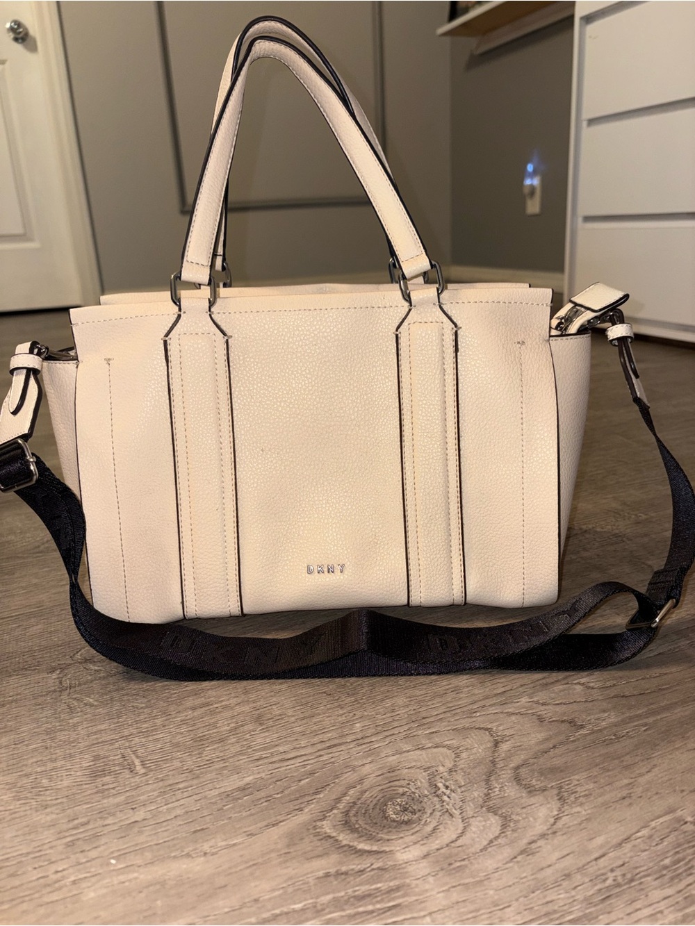 DKNY Cream Pebbled Leather Satchel with Detachable Black Strap